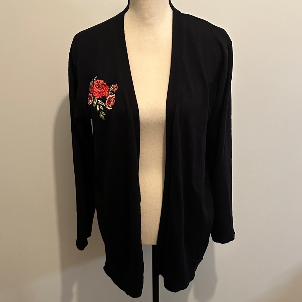 Revamped Black Cardigan with Red Floral Embroidered Detail